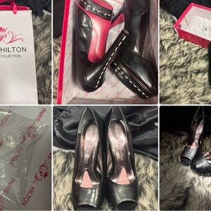 Paris Hilton Black Peep-Toe Heels with Silver Accents